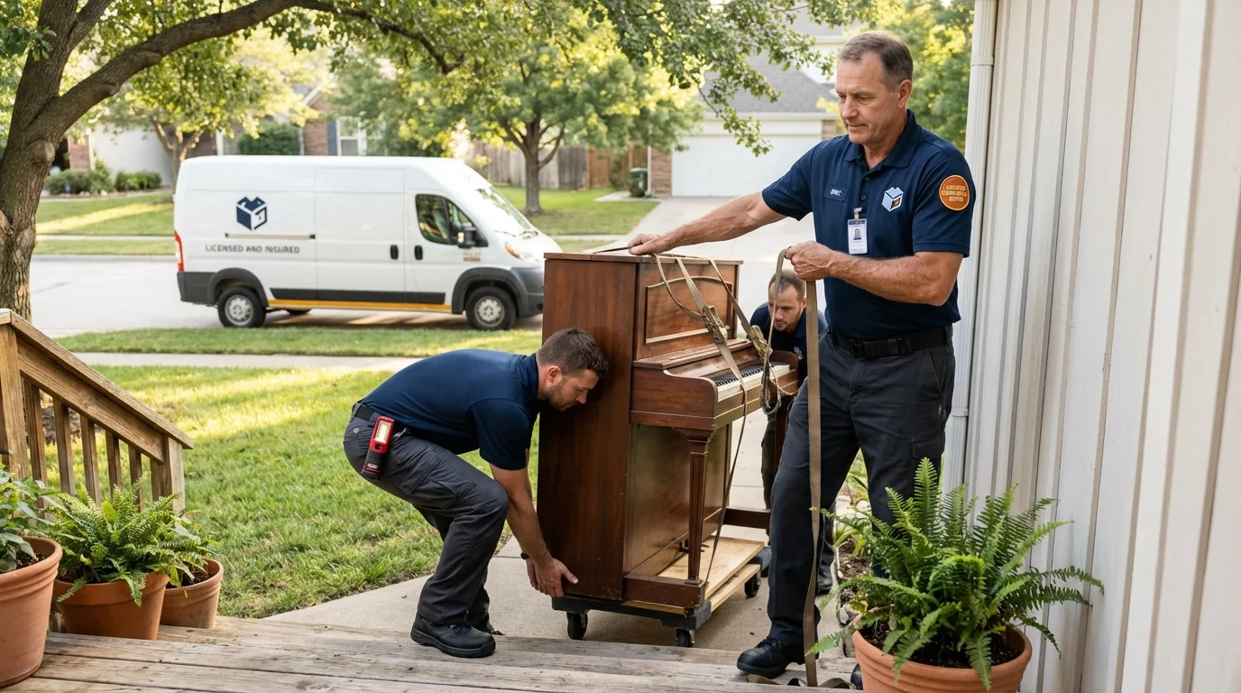 Licensed piano movers securing grand piano in Northwood, NH