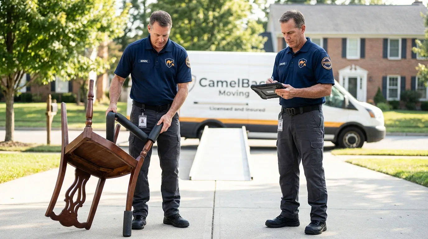 Movers inspecting furniture for damage prevention before loading in Northwood, NH