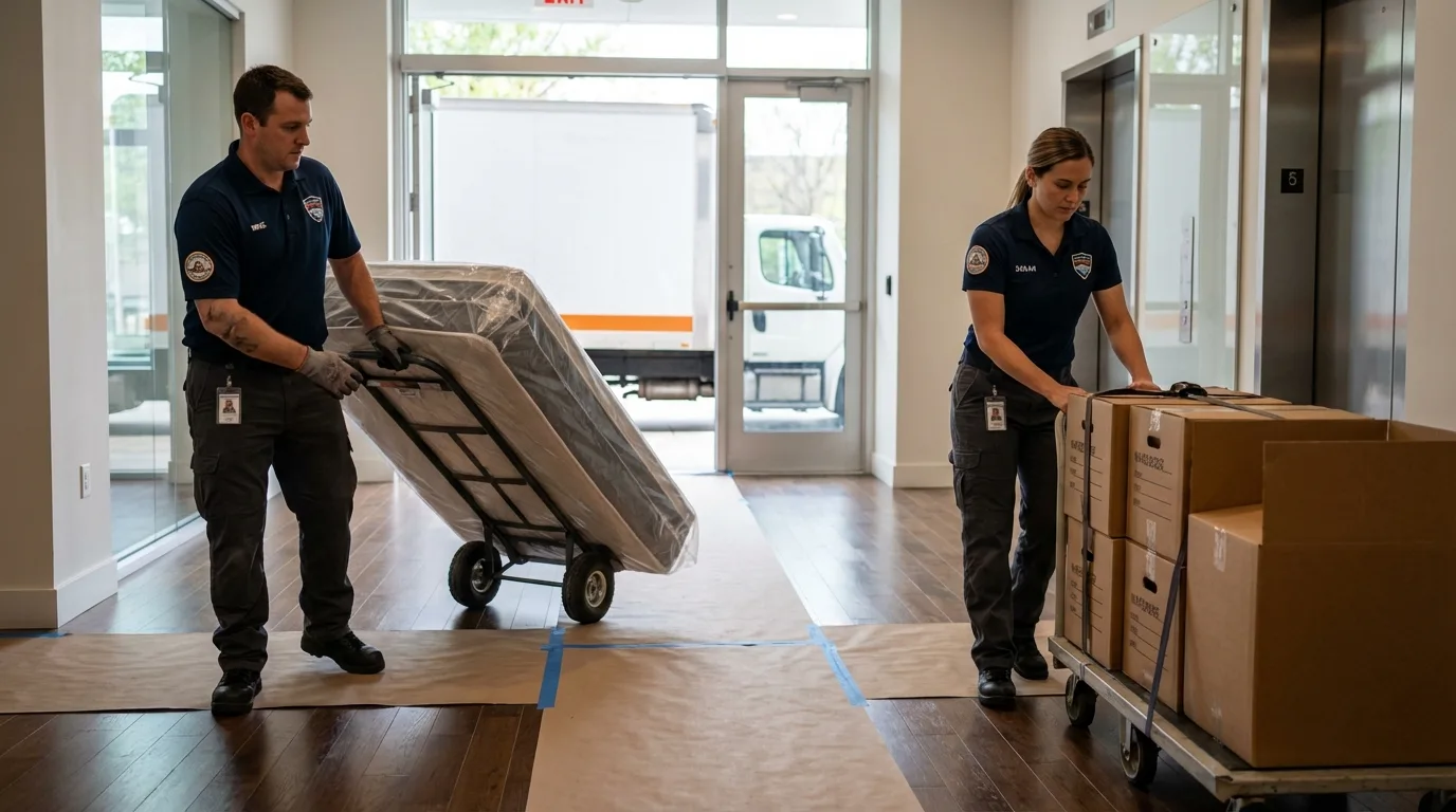 Professional apartment movers loading elevator in Northwood, NH