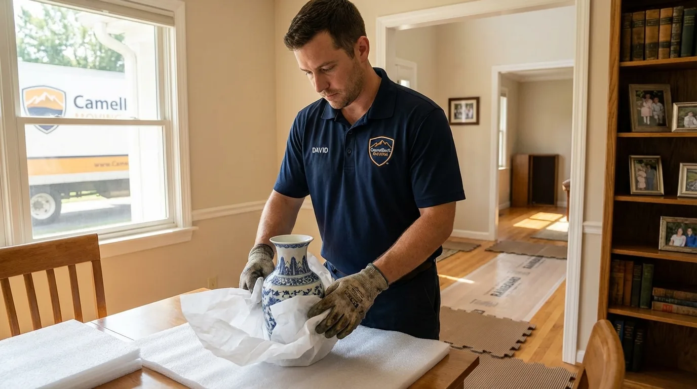 Professional crew carefully wrapping antique vase for senior downsizing move in Northwood, NH