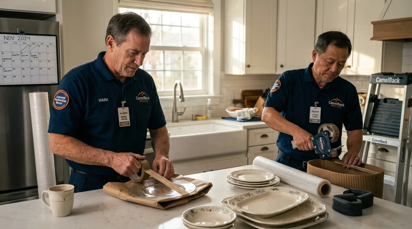 Professional crew packing kitchen dishware in Northwood, NH
